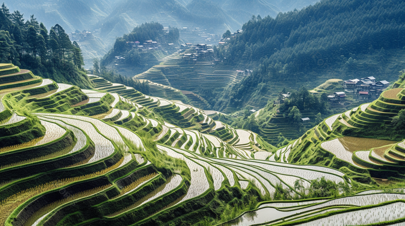 刚灌溉完充满水的大山深处的梯田,高清,摄影图,摄影图片,图片大全,摄影图免费下载